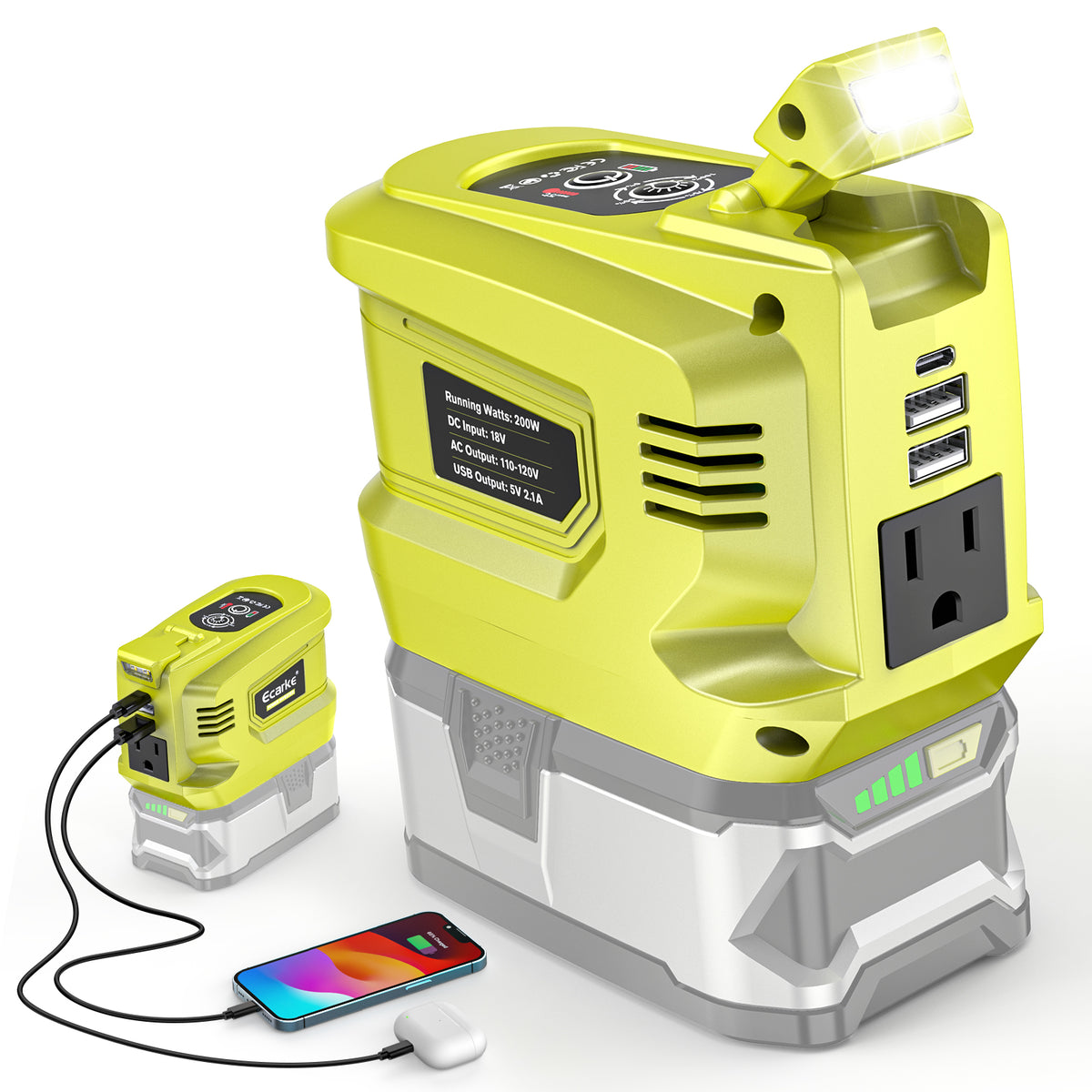 A yellow Ecarke power inverter designed for Ryobi 18V batteries, shown with a Ryobi battery connected on top and devices being charged via USB and Type-C ports.