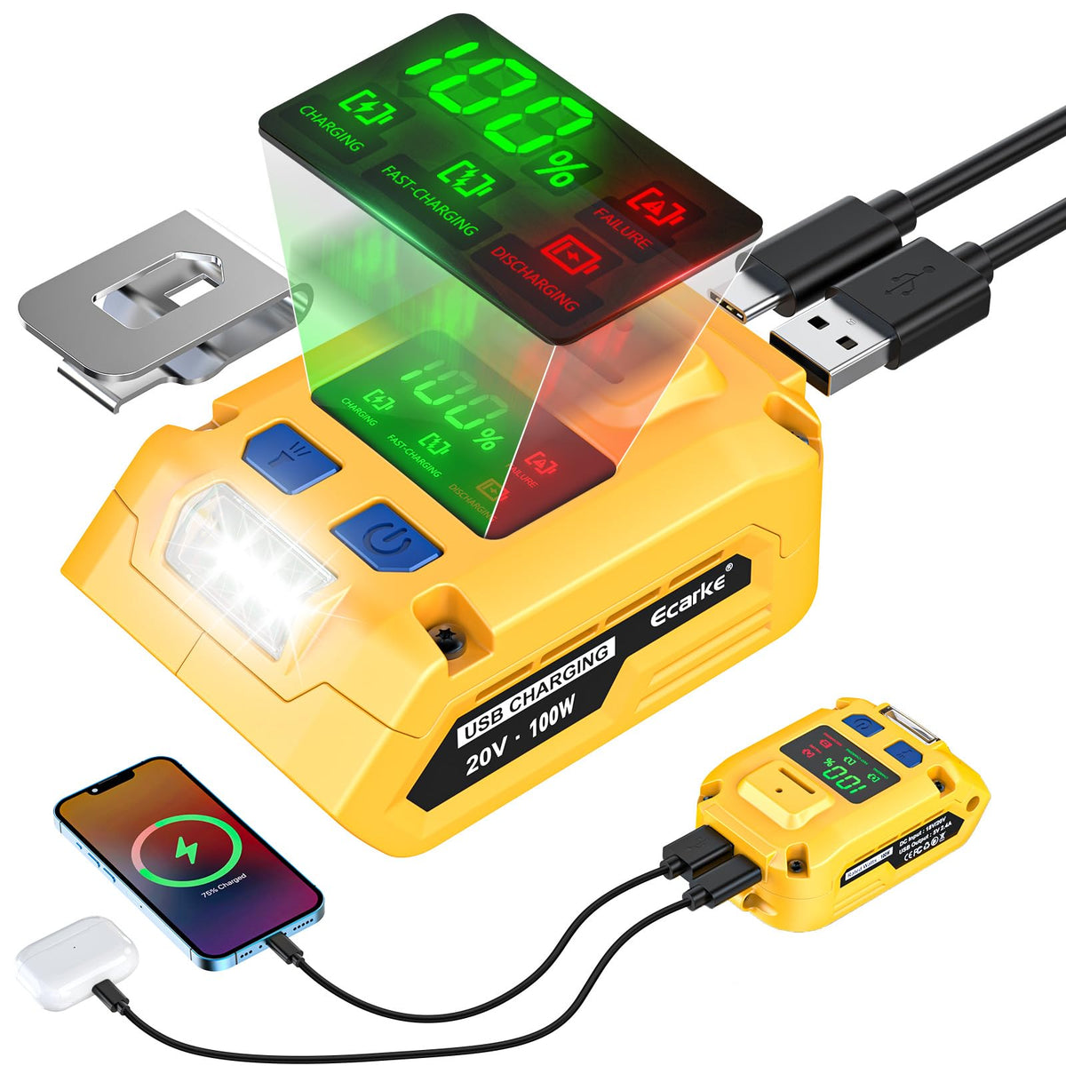 Yellow battery charger with digital display and multiple connection points on a white background