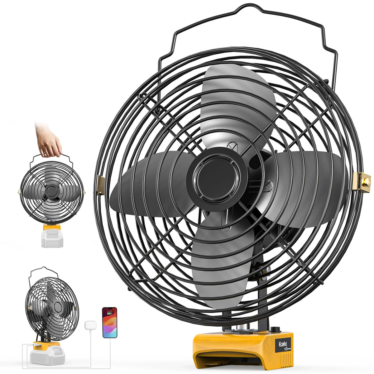 Dewalt 20v fan with a large black wire safety grille, gray three-blade motor unit, and yellow base, shown on a white background. Small inset images at left show the fan without the grille and a phone charging from the yellow USB port on the base.