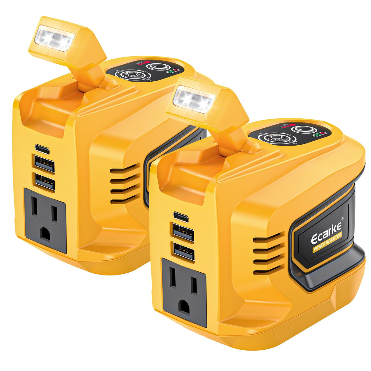 Two yellow Dewalt power adapters with multiple outlets and USB ports on a white background