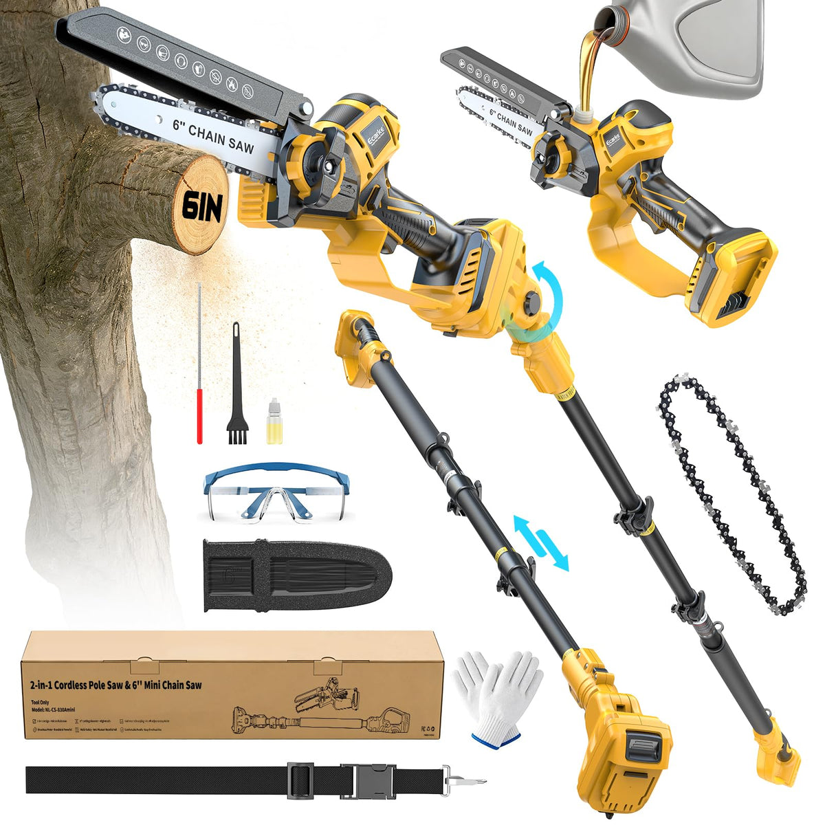 Yellow and black cordless pole saw with accessories on a white background