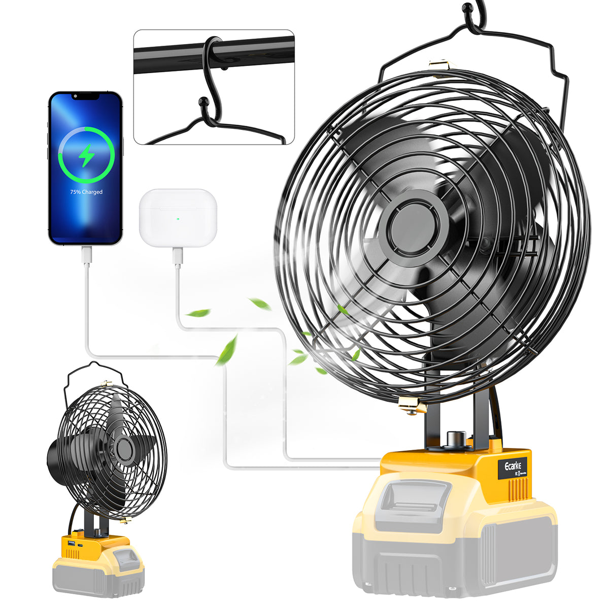 A portable jobsite fan powered by a Dewalt 20v battery, with an illustration showing the fan's connectivity to the battery and a device such as a phone or tablet via a USB or Type C charging port. The fan is depicted in use and also shown with a yellow and black color scheme.