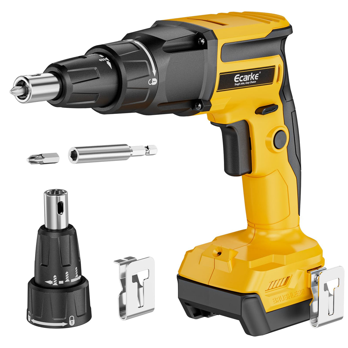 Yellow and black dewalt cordless drywall screw gun with attachments on a white background
