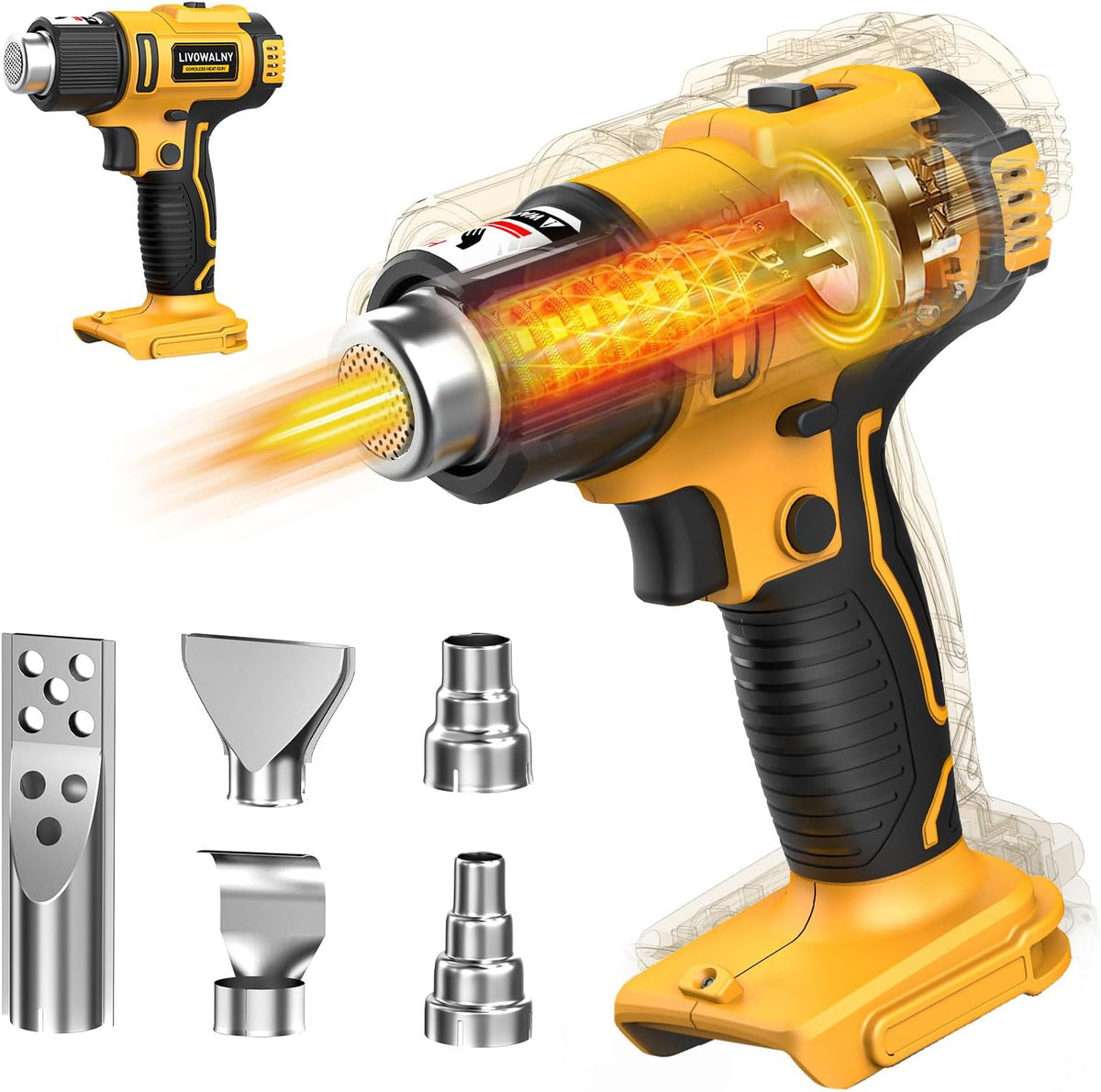 dewalt cordless heat gun with various attachments on a white background