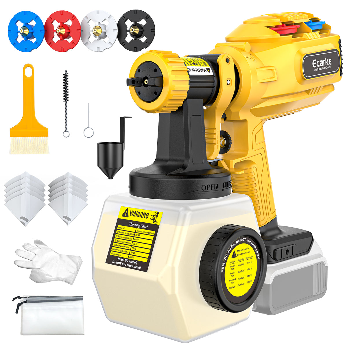 Yellow dewalt cordless paint sprayer with accessories on a white background