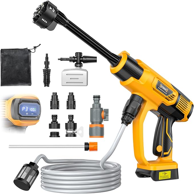 A cordless pressure washer attachment kit with a yellow and black handheld wand, gray hose, nozzle attachments, a digital pressure gauge, a black mesh bag, and a flexible wand extension, arranged on a white background.