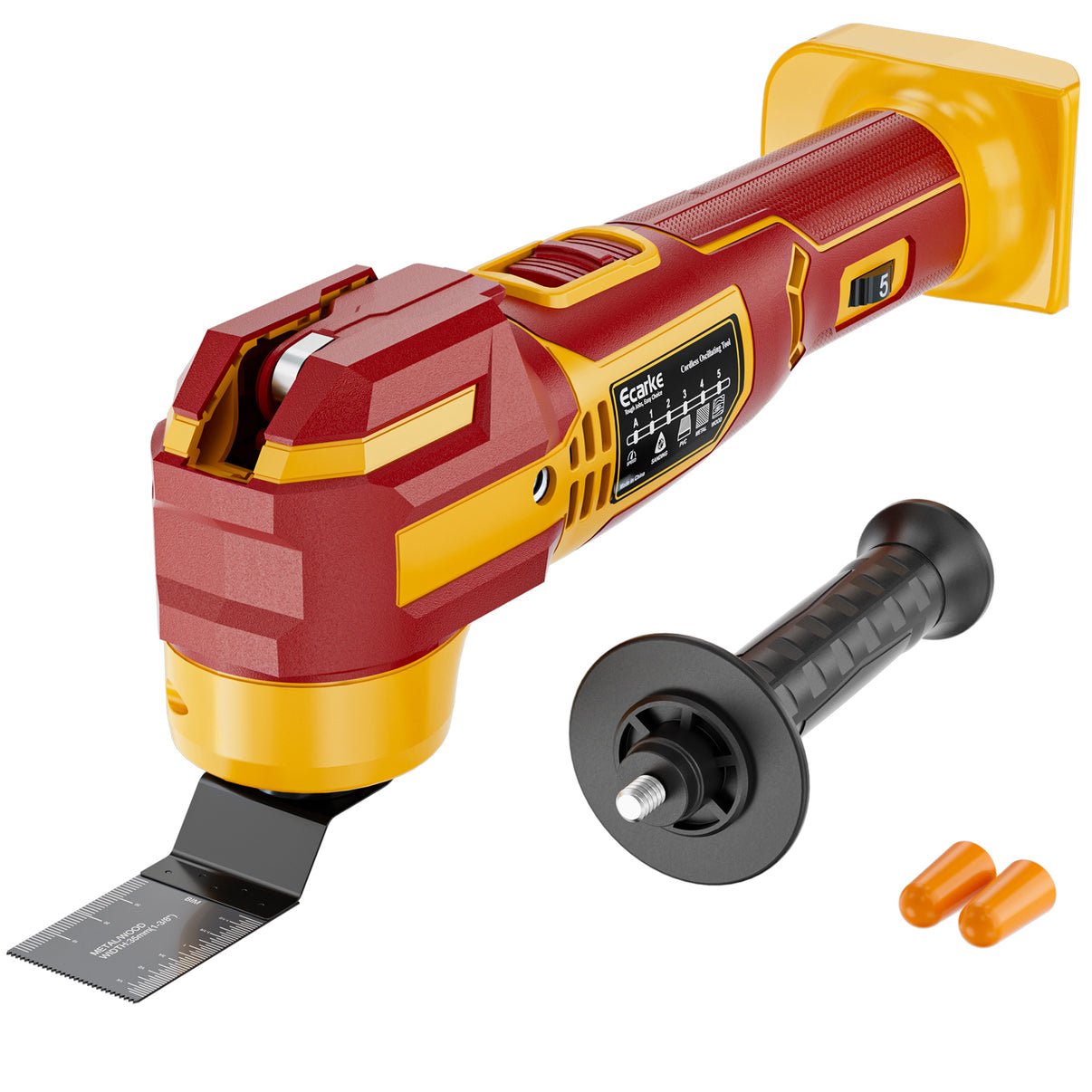 A cordless dewalt oscillating multi tool with a red and yellow body, shown with a black mounting handle, metal blade, and two orange earplugs on a white background.