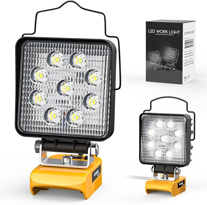 A heavy-duty square LED work light with a black housing, clear textured lens, and yellow base, shown alongside its retail box and a smaller inset view of the light mounted on a surface.