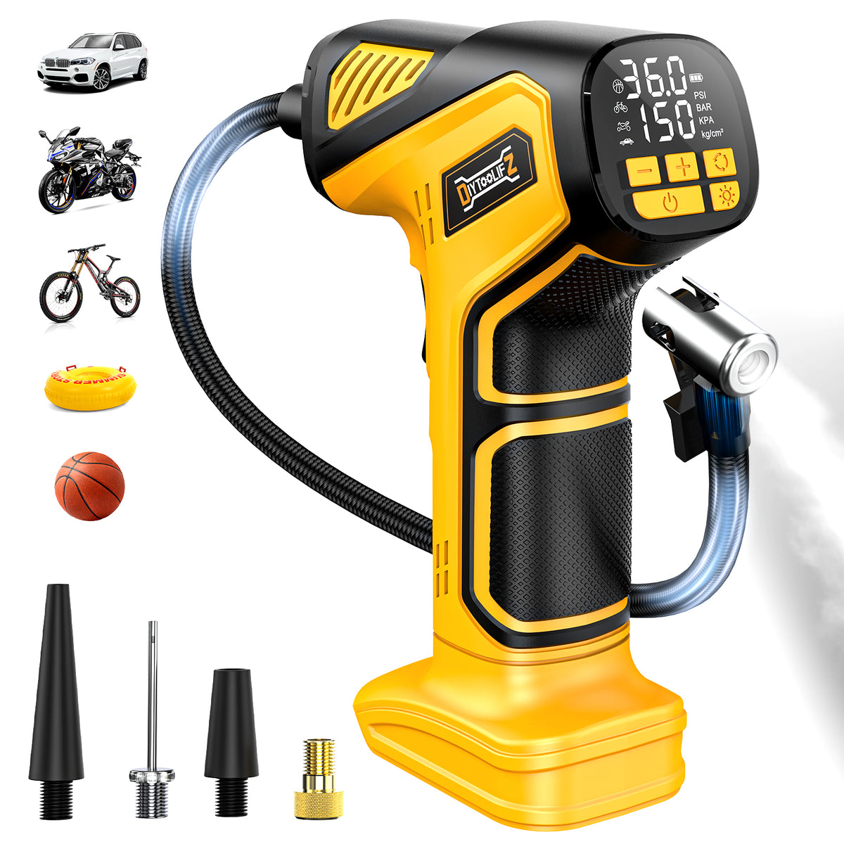 Yellow and black digital dewalt tire inflator 20v with accessories on a white background
