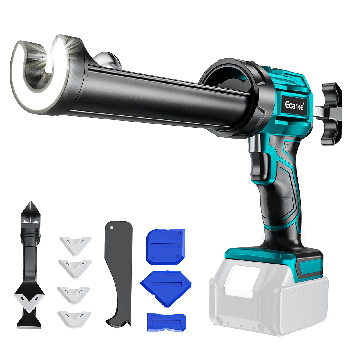 A cordless electric caulking gun with a teal and black body, shown with a white battery pack and several accessory bits on a plain white background. The brand name 'Eartk' is visible on the side of the gun.