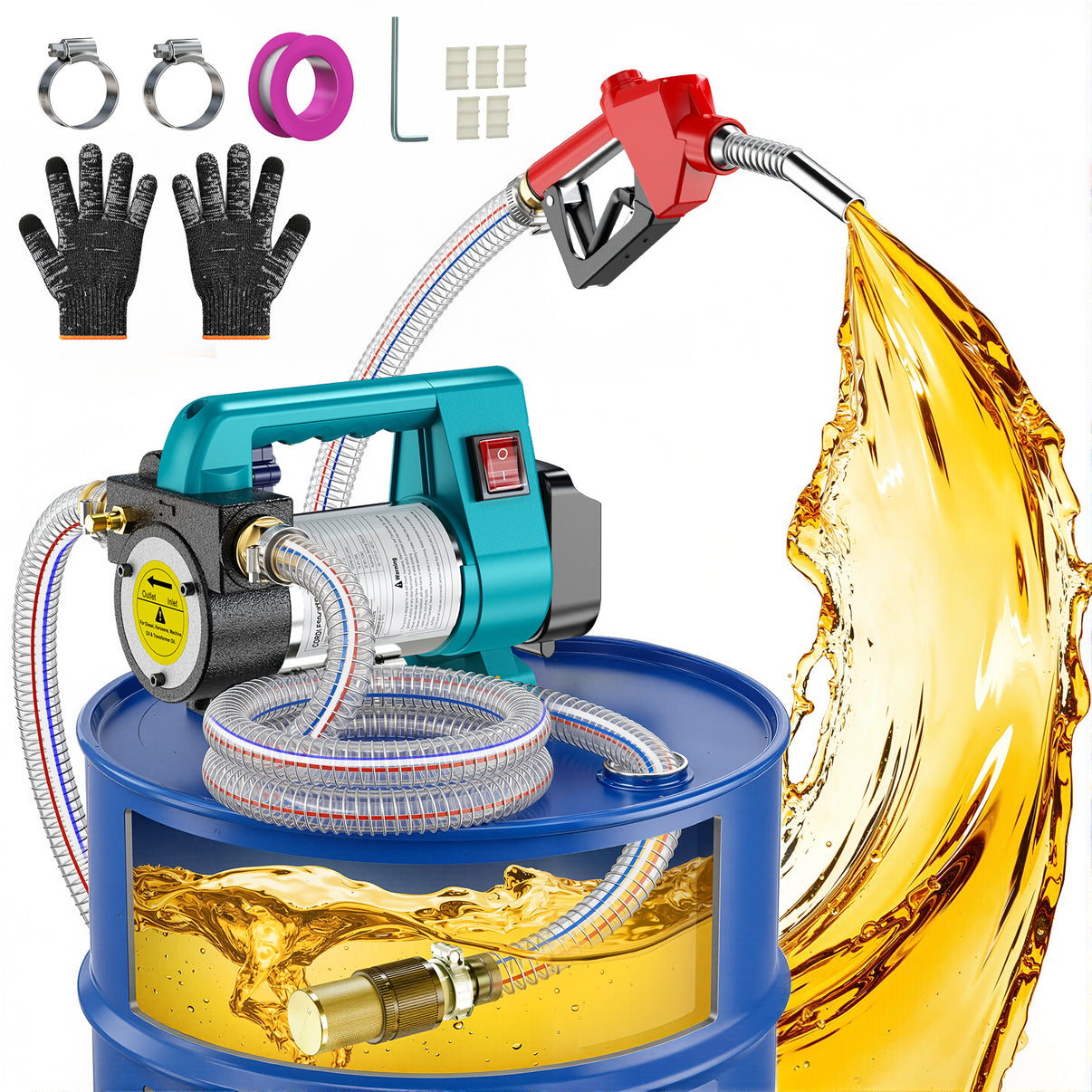 A portable electric fuel transfer pump and transfer setup shown on a blue barrel with golden oil flowing from a red nozzle. The image includes accessories and small parts arranged around the main product on a white background.