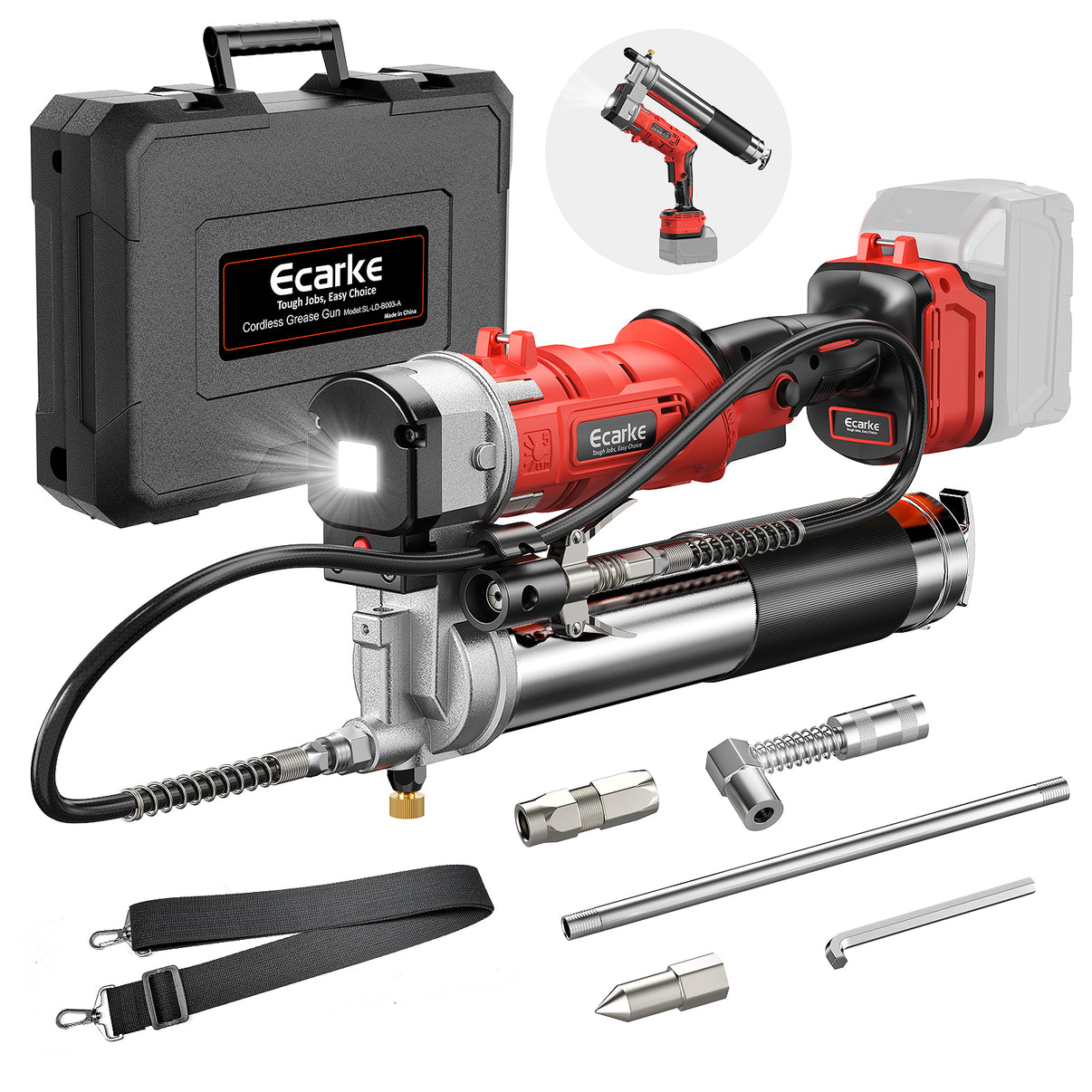 Ecarke electric grease gun with accessories and carrying case on a white background