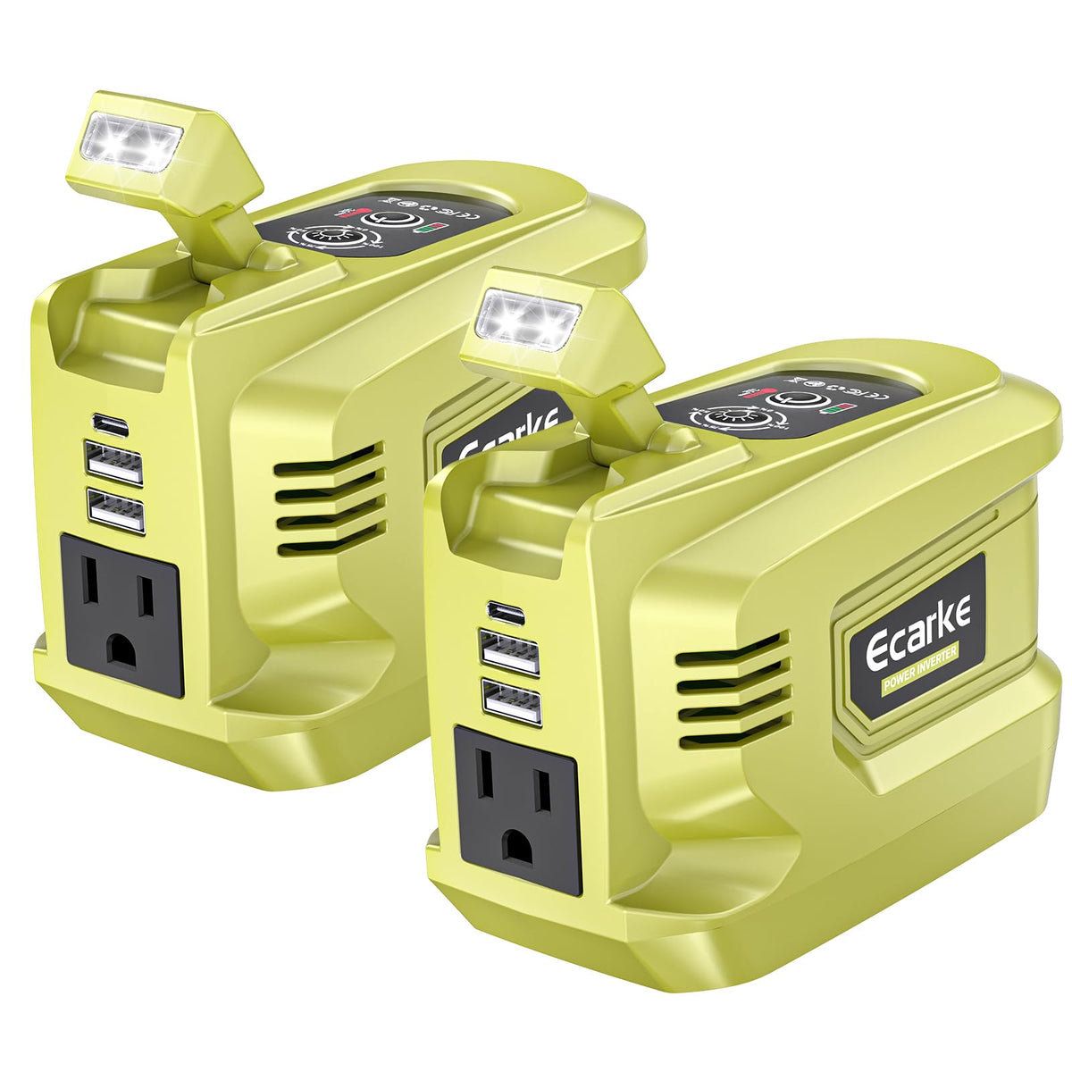 Two green power stations with outlets and USB ports on a white background