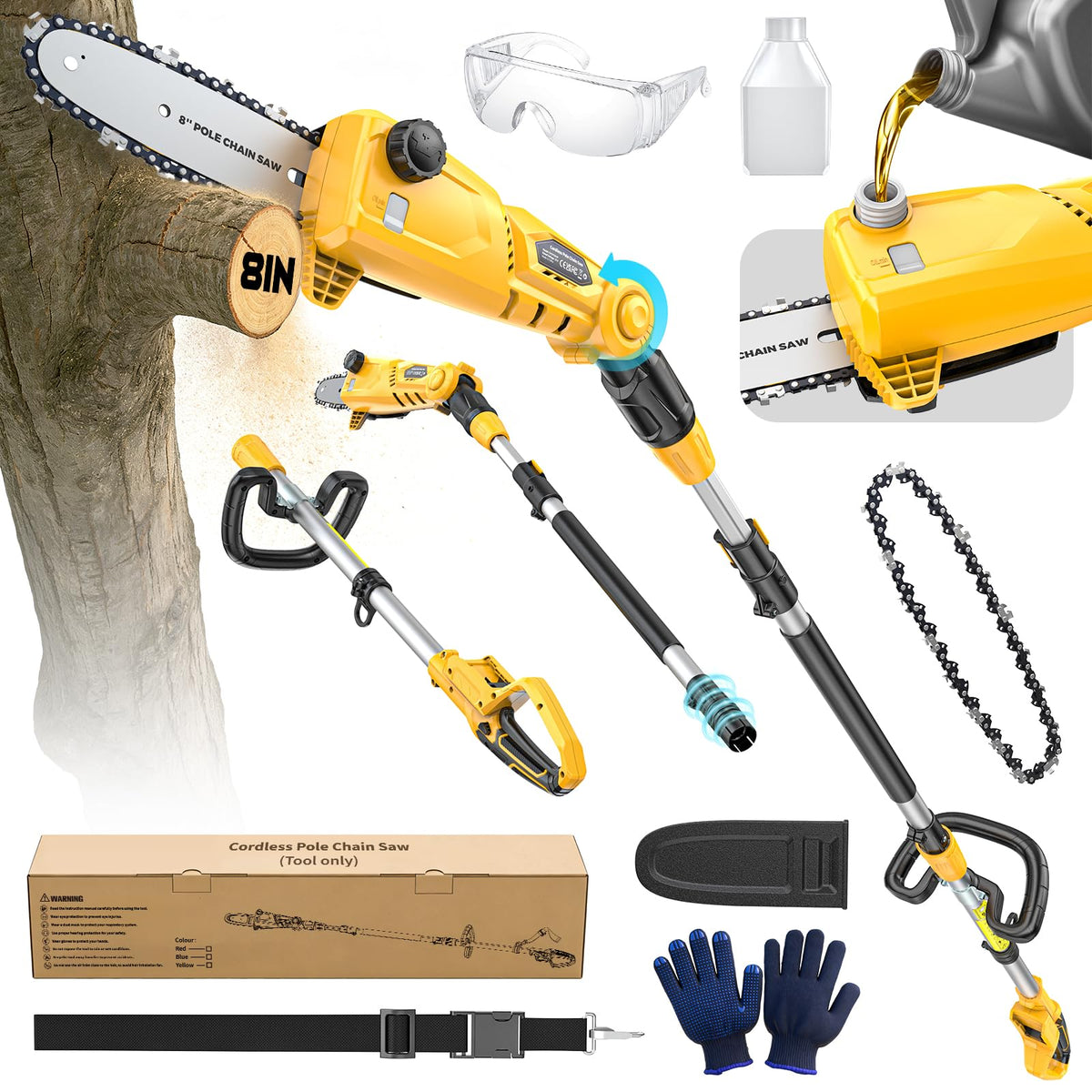Collection of gardening tools including a chainsaw, hedge trimmer, and protective gear on a white background.