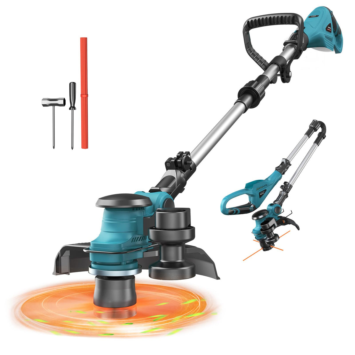 Teal and black cordless string trimmer shown on a white background with an extended pole, a smaller alternate view, a red brush cutter rod, and two small hand tools.