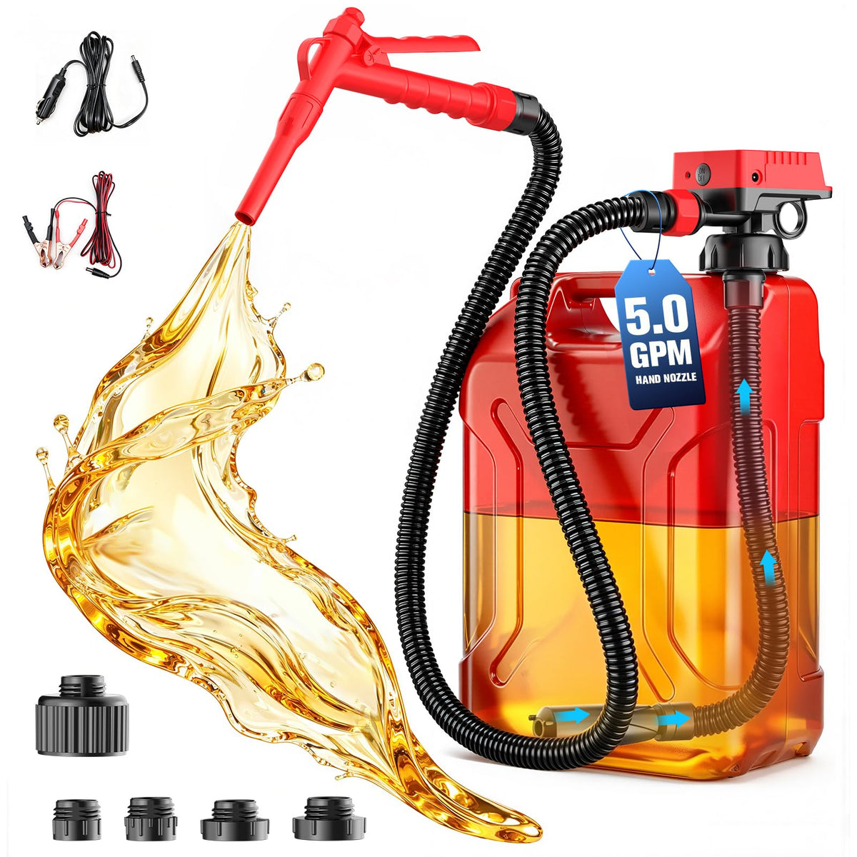 Red and orange electric transfer pump with hose and attachments on a white background