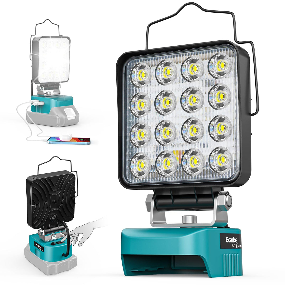 A portable LED work light with a black faceplate and teal base, shown on a white background with two smaller inset views demonstrating charging and storage/opening of the base.