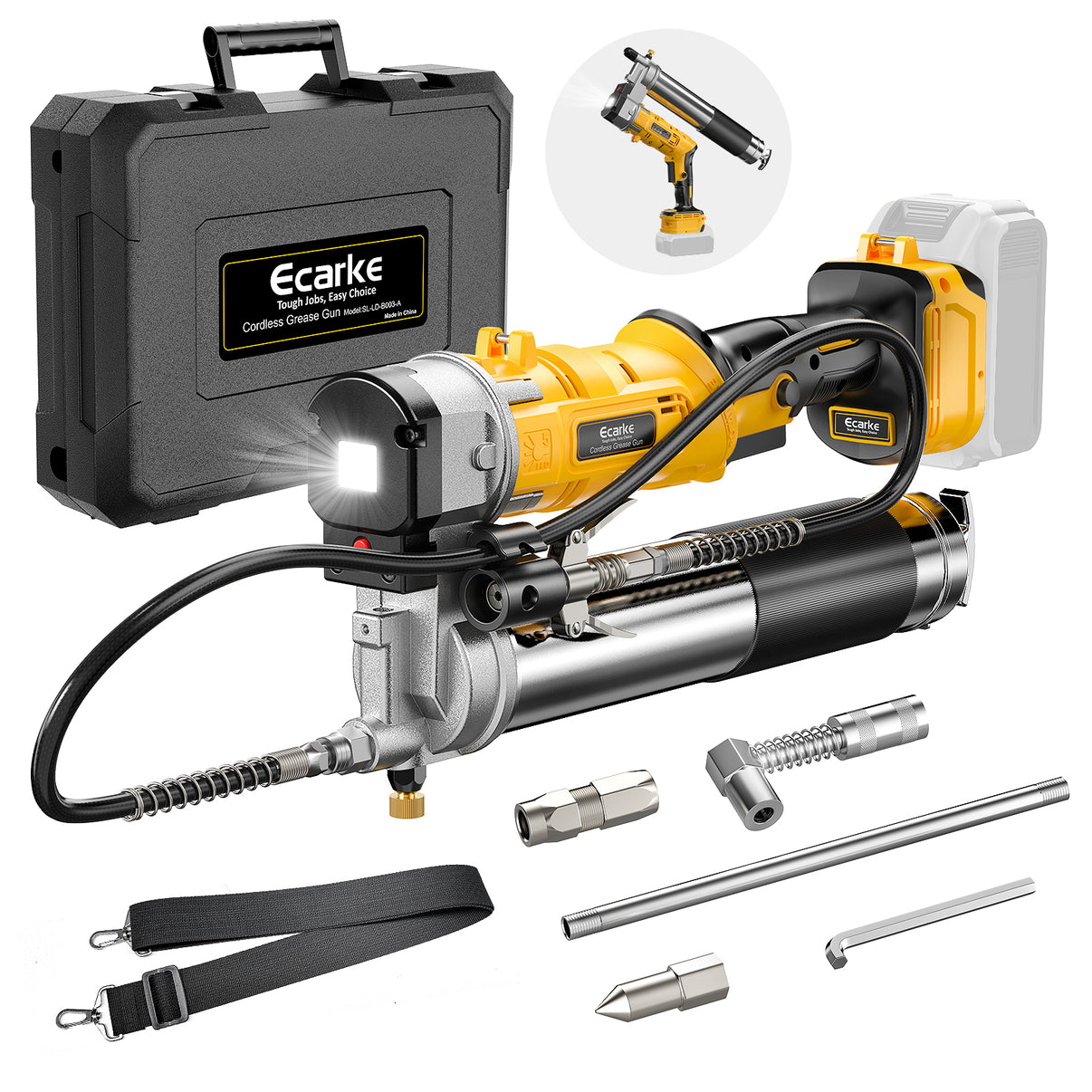 Ecarke grease gun with accessories on a white background