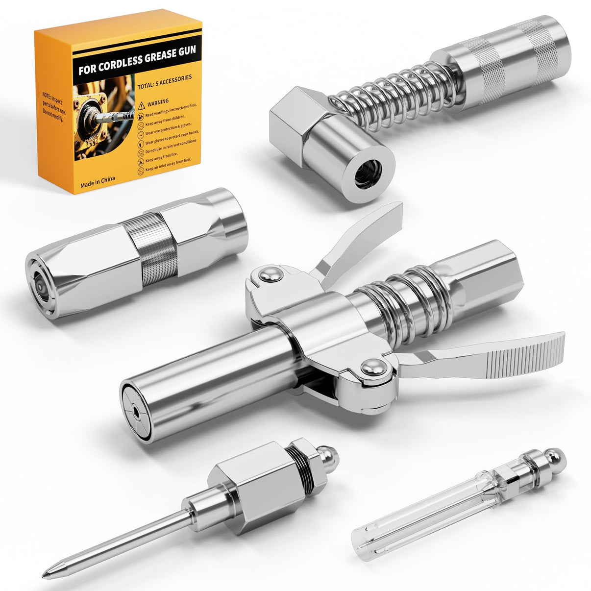 Set of metal grease gun coupler and accessories with a box on a white background