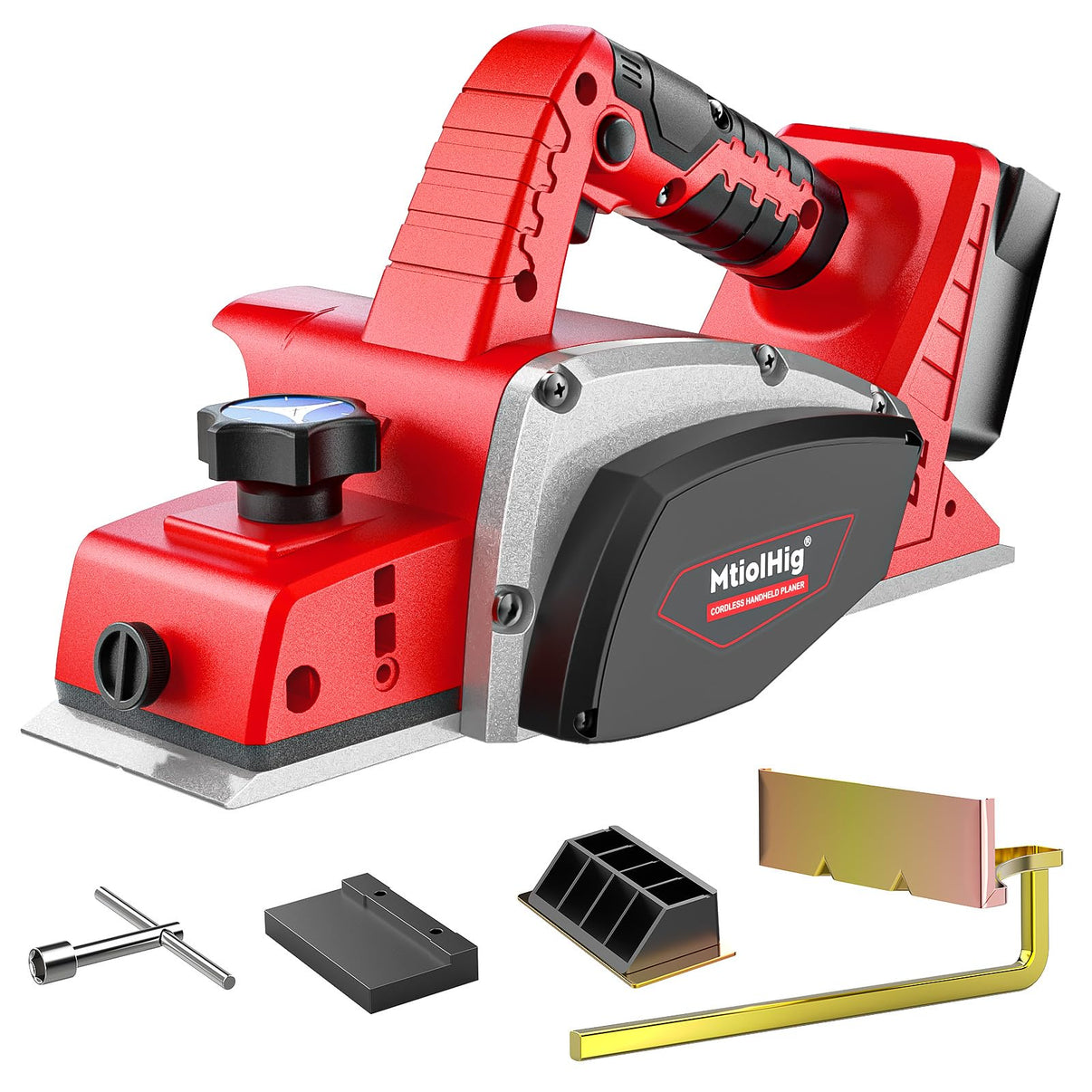 A red and black MitelHig cordless handheld planer shown on a white background, accompanied by included accessories: a metal guide, a black dust cover, a black mounting base, a hex key, and a yellow metal bar.