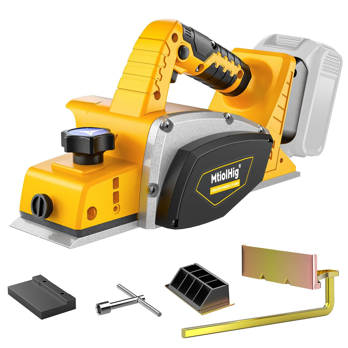 Yellow and black handheld wood planer with accessories on a white background