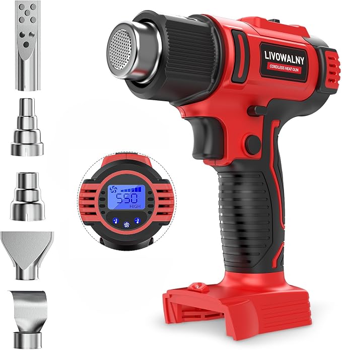 Red and black heat guns with digital display and interchangeable nozzles on a white background