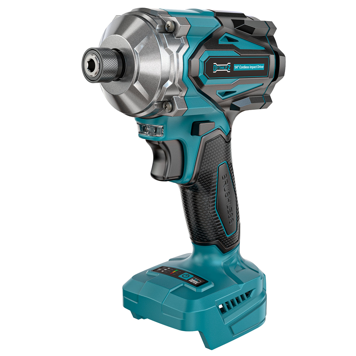 Blue and black cordless drill on a white background