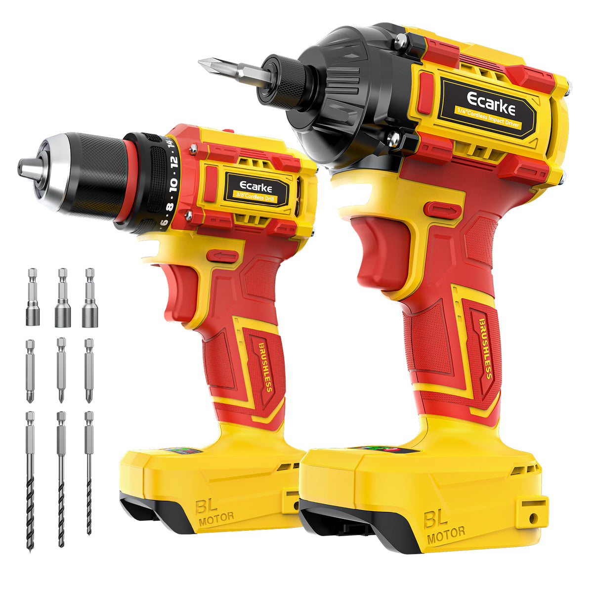 A cordless drill and driver set with two yellow and red Ecärke power tools and multiple metal bits, shown on a plain white background.