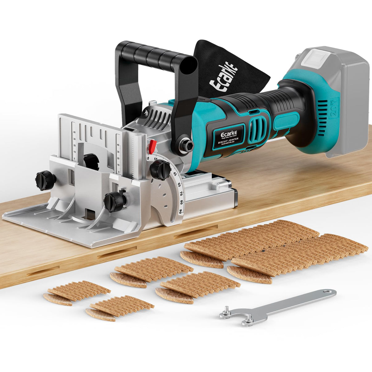 Crankit cordless joiner biscuit cutter with accessories on a white background