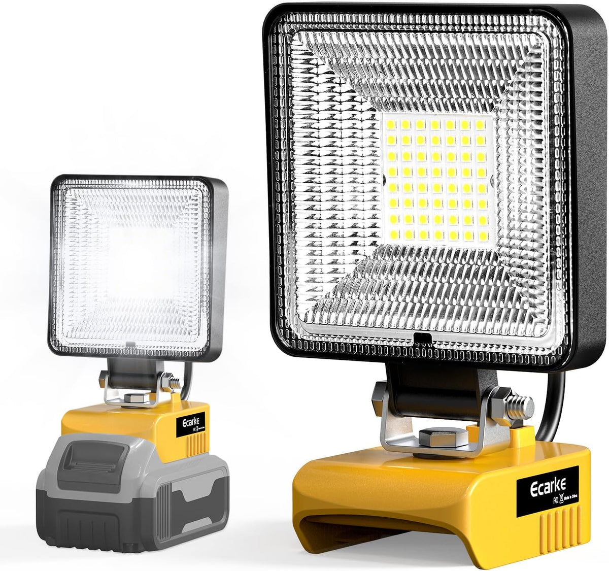 Two portable 27W LED garage lights with yellow and black housings, designed to be compatible with Dewalt 20V batteries. The lights have a rotating head and a charging base.