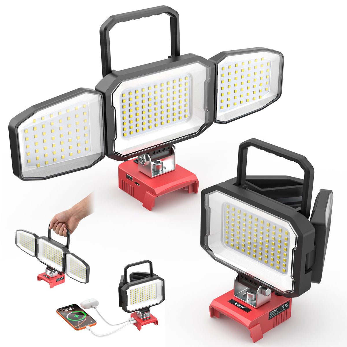 Three views of a portable LED work light with a red battery base, shown on a white background. One view includes a hand holding the handle, and another shows the light connected to a smartphone via a cable.