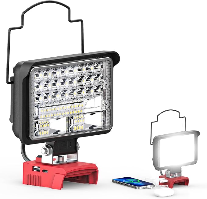 A portable rectangular LED working light with a black frame and red base, shown on a white background with a smaller inset view of the light turned on and a smartphone beside it.