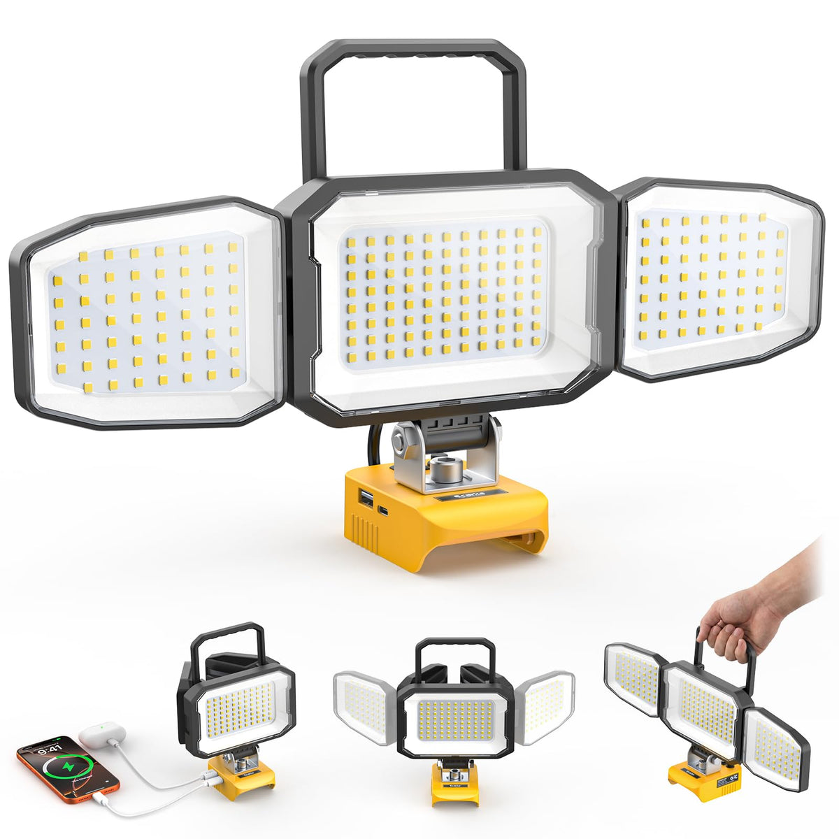 A portable LED work light with three adjustable panels, shown in multiple configurations including a hand holding the handle and a phone charging port on the base. The light has a yellow body, black frame, and white diffuser panels.