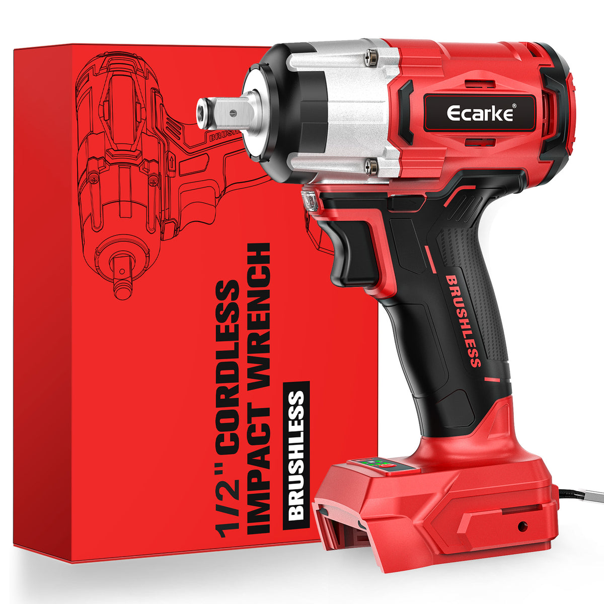 A red and black Ecarke cordless impact wrench with a brushless motor, shown next to its red retail box and charging battery on a white background.