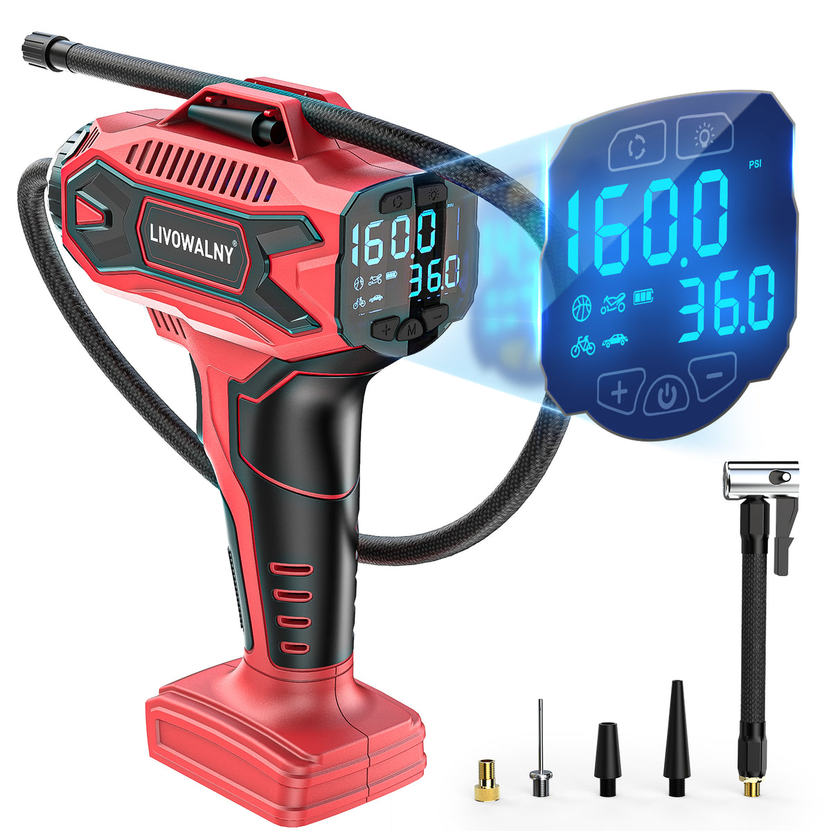 Red and black LIVOWALNY electric air pump with digital display and accessories on a white background