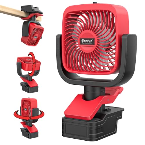 Red and black clip-on portable fan shown on a white background, with three smaller inset views demonstrating mounting options and rotation.