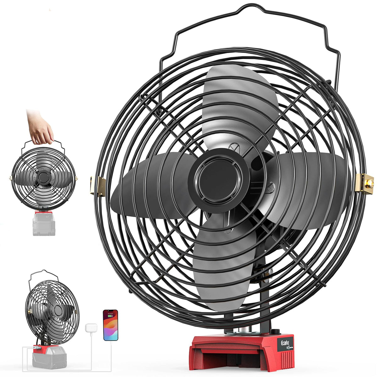 A black handheld fan with a protective metal grille and red base, shown on a white background with two smaller inset views demonstrating its compact size and cordless charging capability.