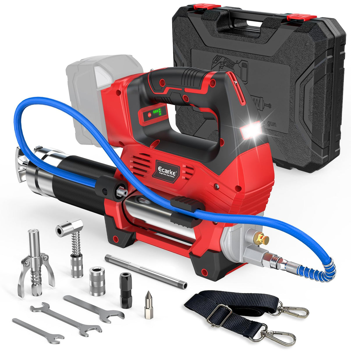 Red and black milwaukee grease gun m18 with accessories on a white background