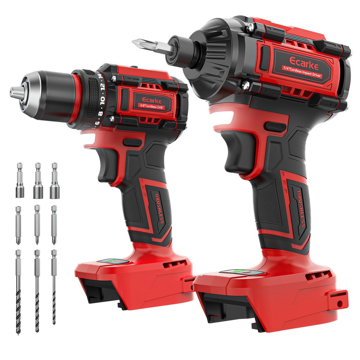 Two red and black Ecärke cordless power tools on a white background, including a drill/driver and an impact driver, with multiple bit attachments shown to the left.