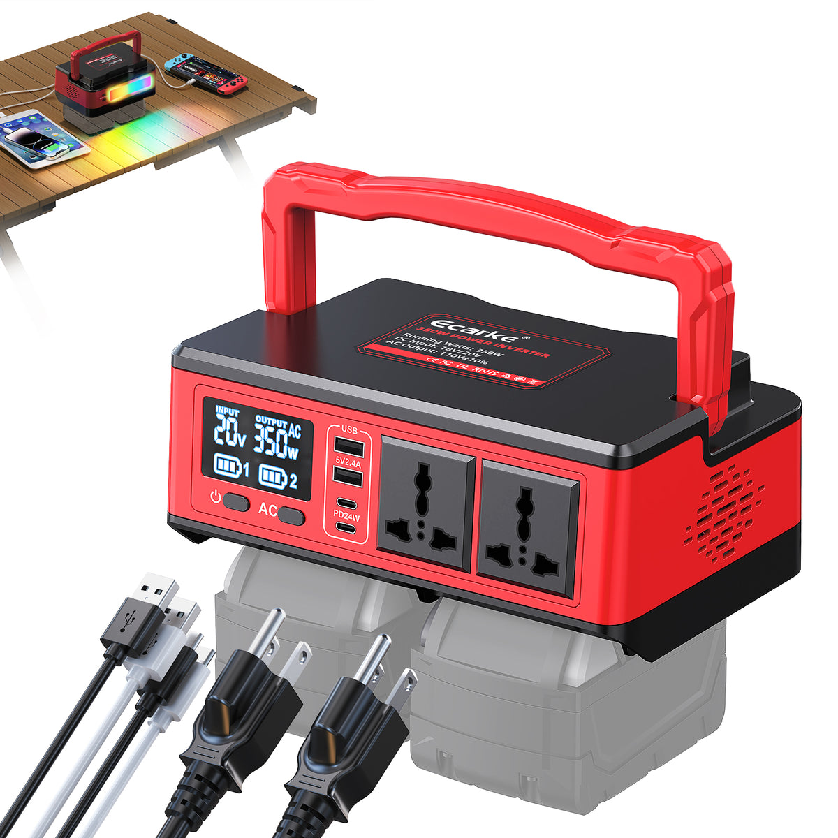 Red and black portable power station with multiple outlets and cables on a white background