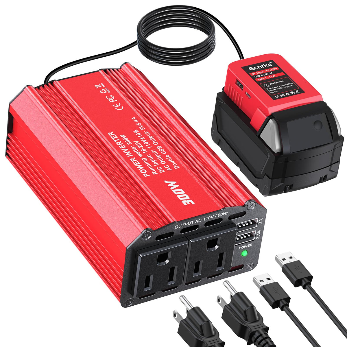 Red power inverter and battery charger with cables on a white background