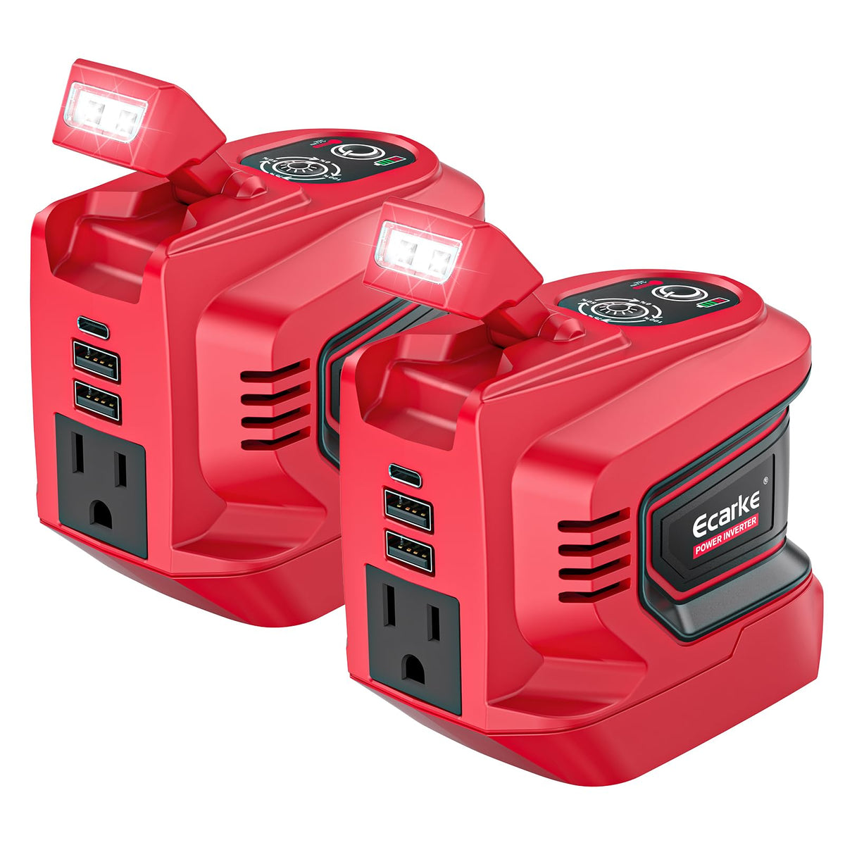 Two red power adapters with multiple outlets and USB ports on a white background
