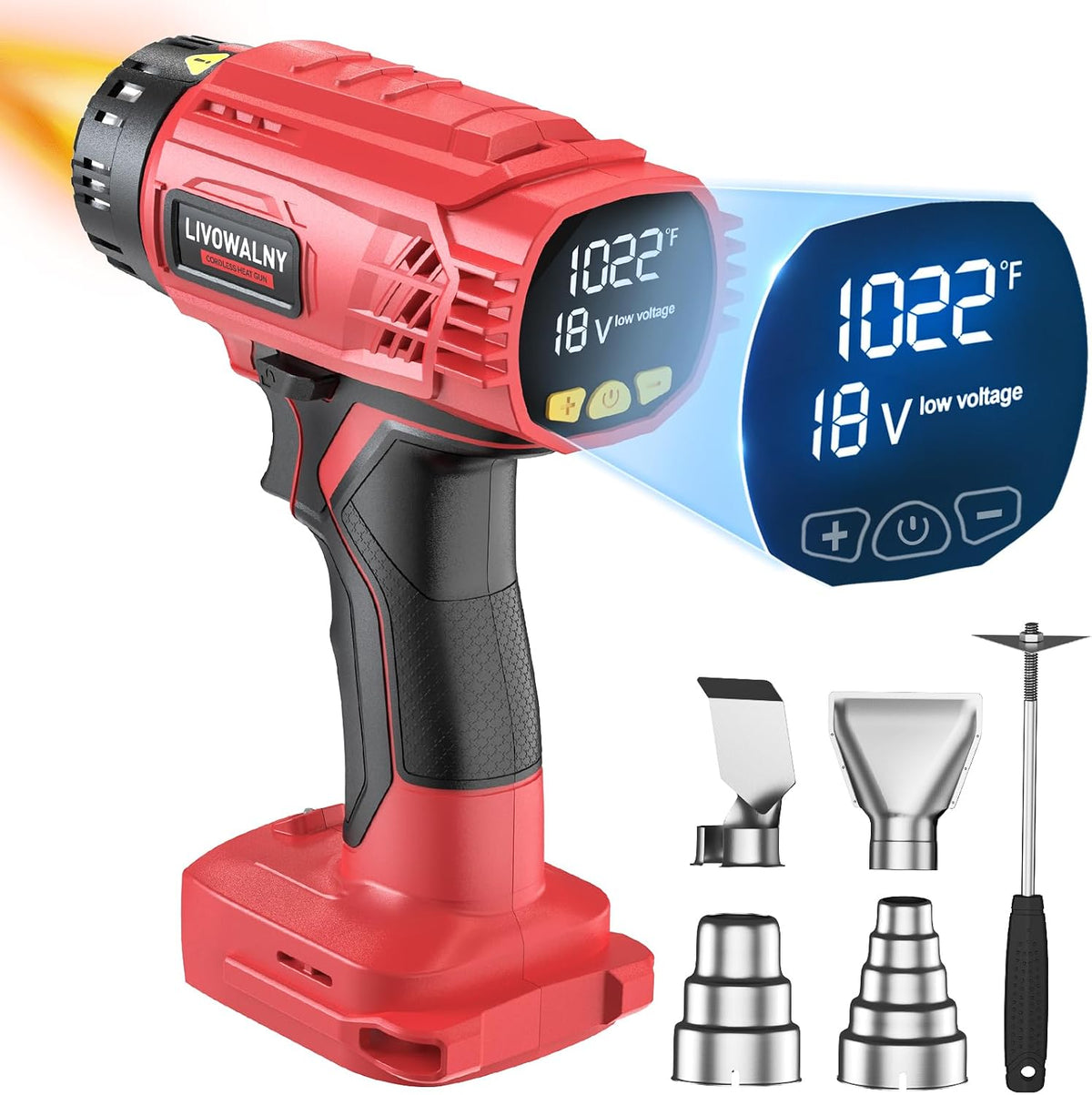 milwaukee m18 heat gun with digital display and attachments on a white background