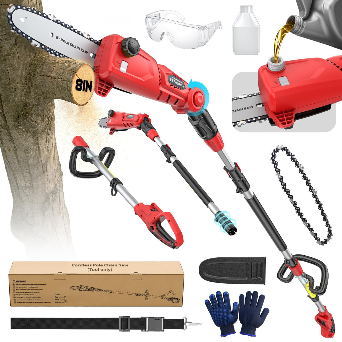Collection of gardening and milwaukee pole saw including a chainsaw, hedge trimmer, and protective gear on a white background.
