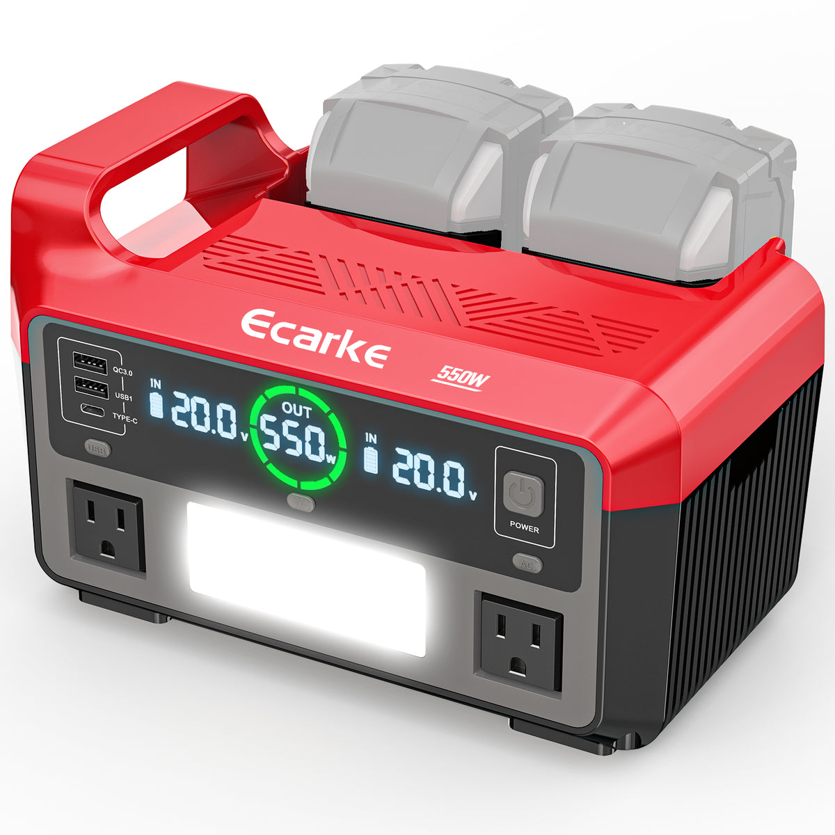 Red and gray power station with digital display and outlets on a white background