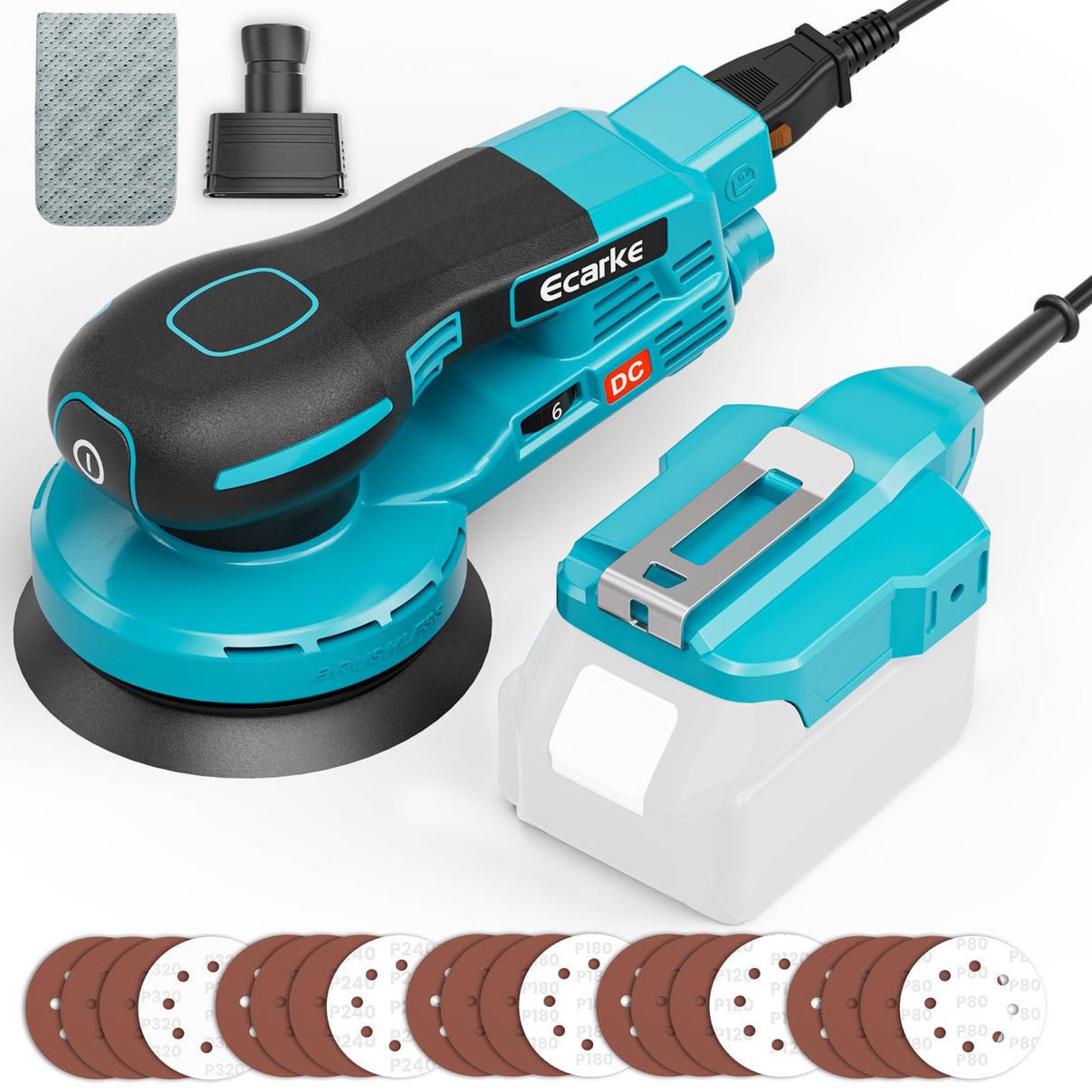 Blue makita orbit sander with accessories on a white background