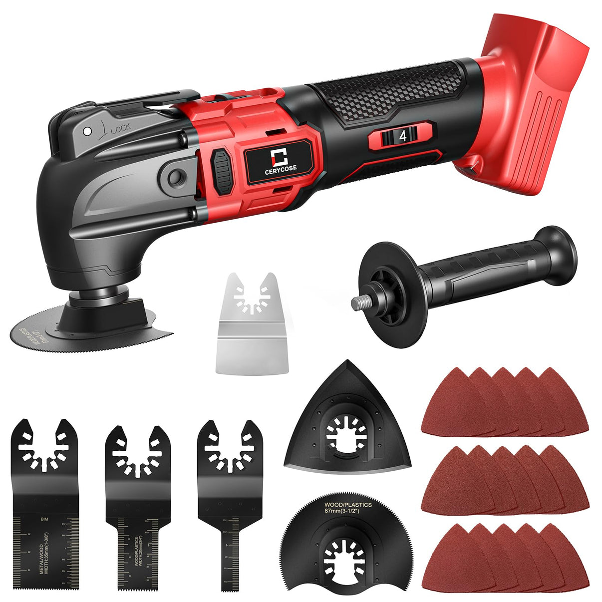 Certtech oscillating multi-tool with various attachments on a white background