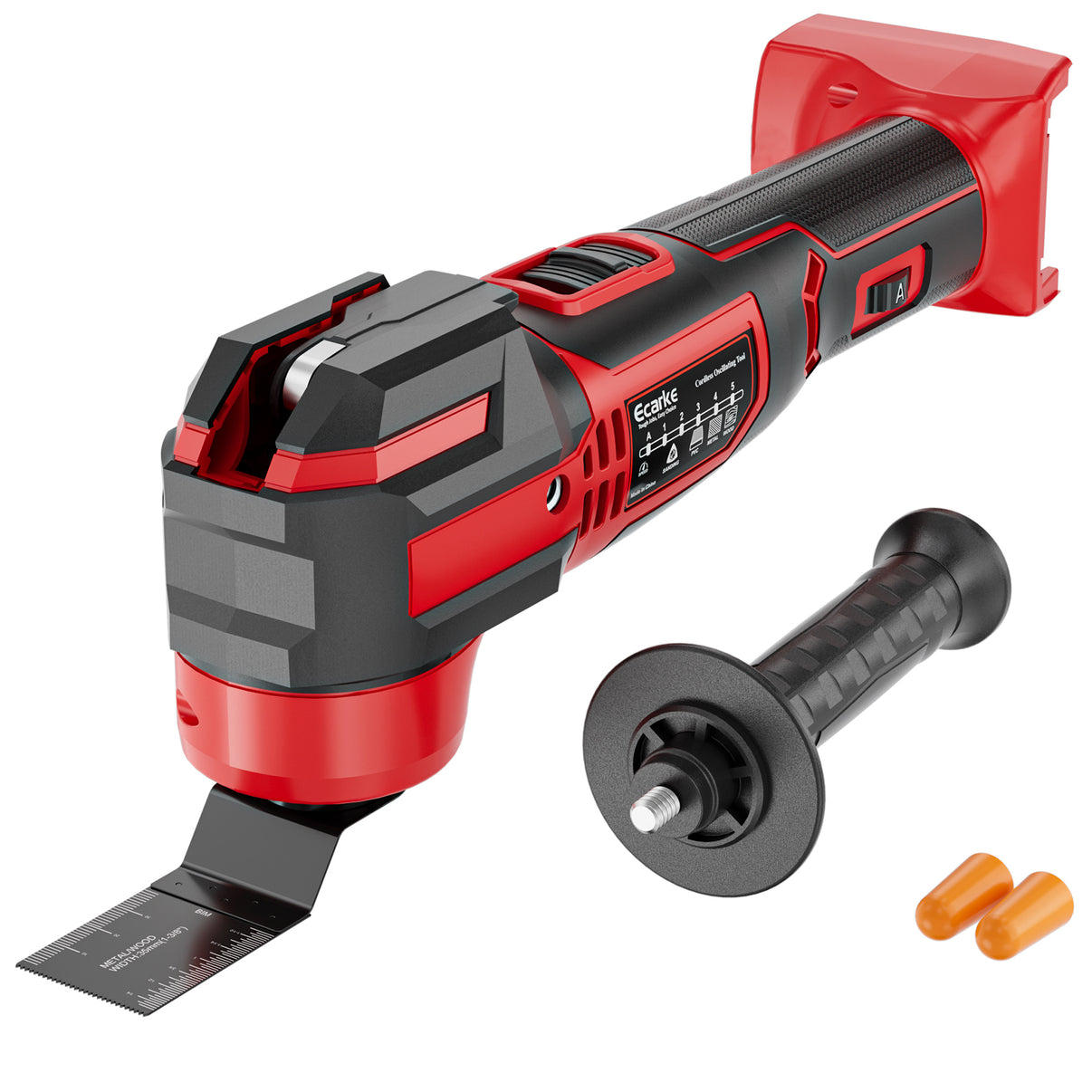 A cordless oscillating multi tool with a red and black body, shown with a metal blade attachment, a black extension handle, and two orange earplugs on a white background.