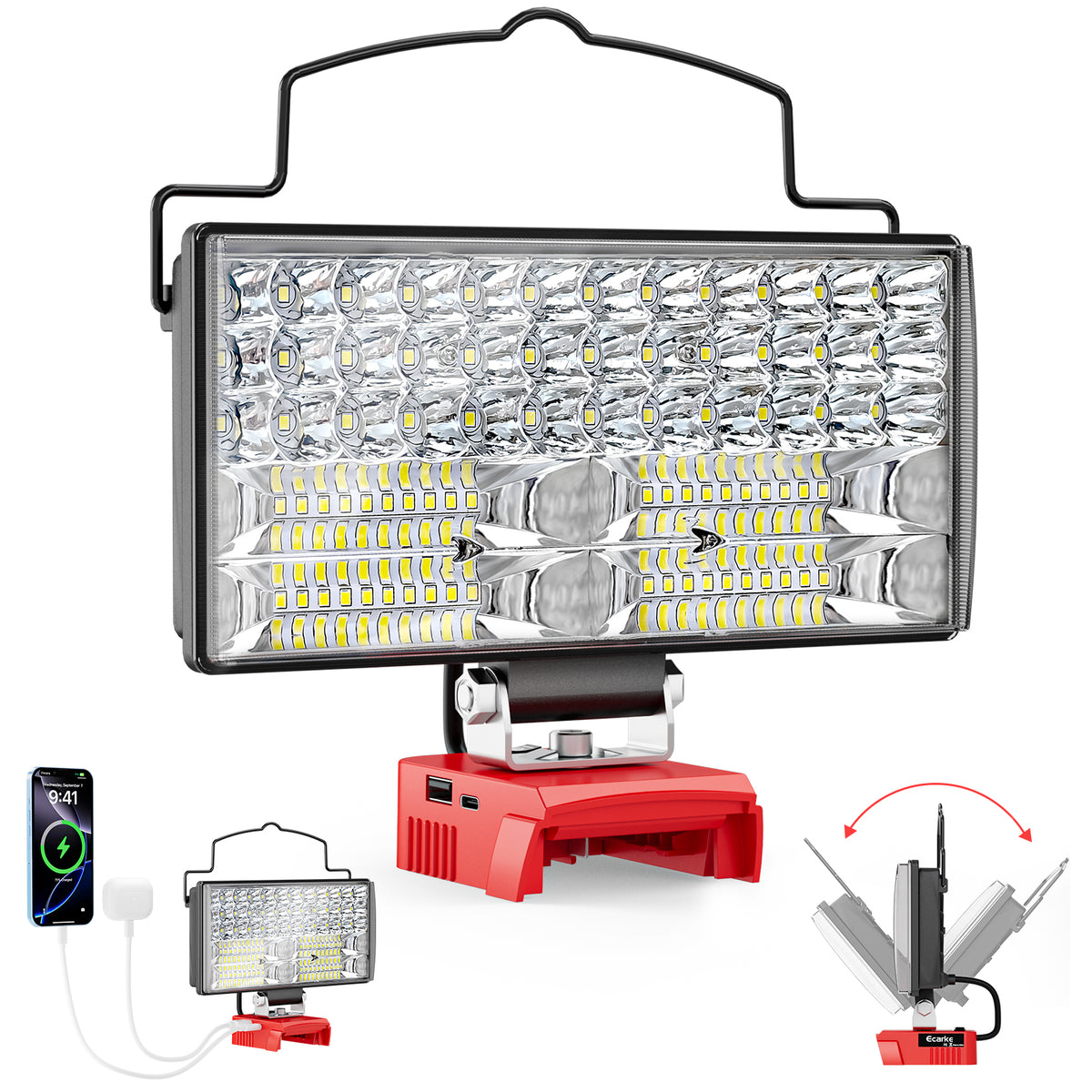 A rectangular LED work light with a black handle and red mounting base, shown on a white background with small inset illustrations of charging and folding features.