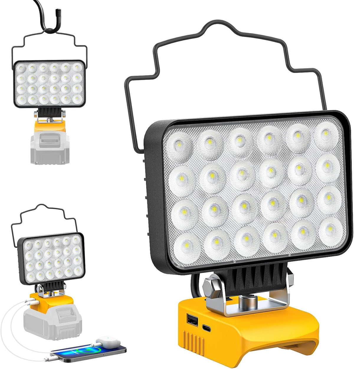 A portable LED work light shown on a white background, with a large main view and two smaller inset views showing the hanging cord and charging port usage. The light has a black rectangular housing with many white LED lenses, a black handle, and a bright yellow base.